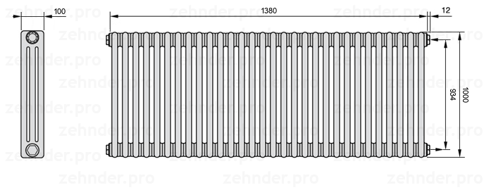Схема (чертеж) Радиатор Zehnder Charleston 3100/30 №7610 Белый глянцевый RAL 9016